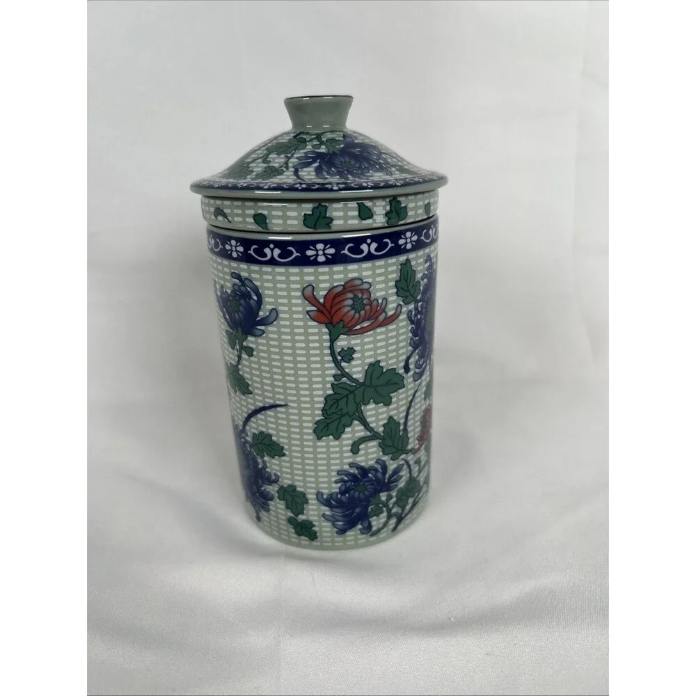 Chinese Porcelain Tea Mug With Lid & Infuser Floral Blue Green Tea Cup Tumbler